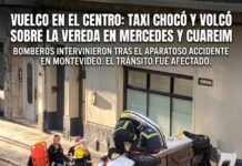 Espectacular vuelco en el Centro de Montevideo: un taxi chocó y terminó sobre la vereda "Taxi volcado sobre la vereda tras chocar en la intersección de Mercedes y Cuareim en Montevideo."